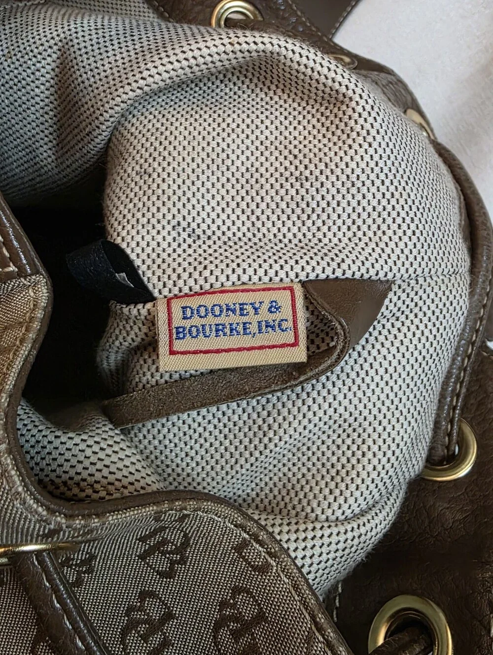 Vintage Dooney & Bourke Signature Monogram Drawstring Bucket Bag Brown Hobo